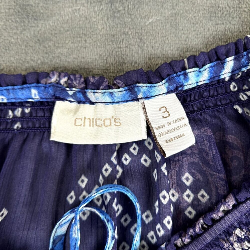 Chicos SZ 3 XL Blouse Top Shirt Popover Blue Sheer Artsy Printed Boho Whimsigoth - Picture 6 of 8